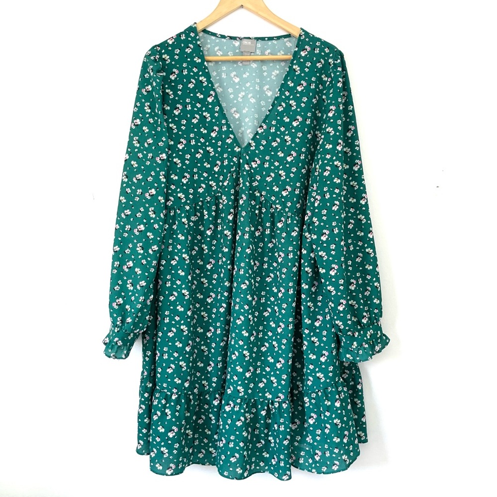 Asos 16 Floral Shift Dress Green White Flowers Lantern Sleeve V-Neck Women’s